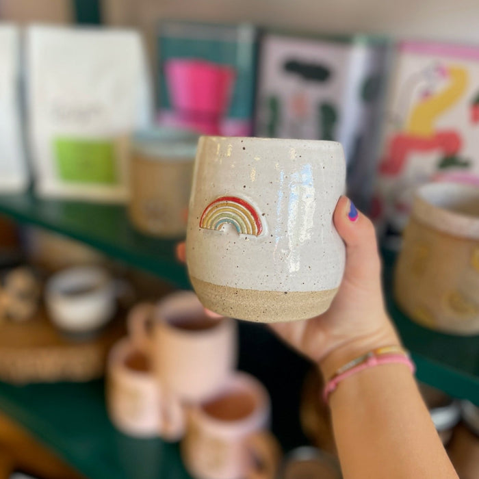 Handmade Ceramic Rainbow Mug with Thumb Indent