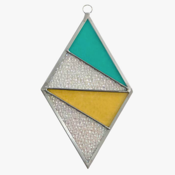 Stained Glass Diamond Suncatcher in Teal and Yellow