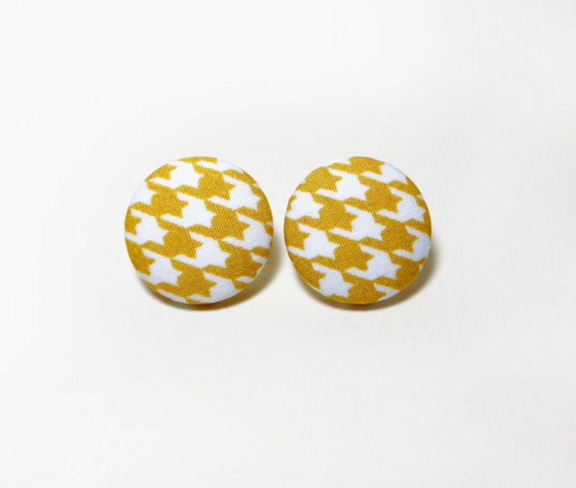 Yellow Houndstooth Fabric-Covered Stud Earrings