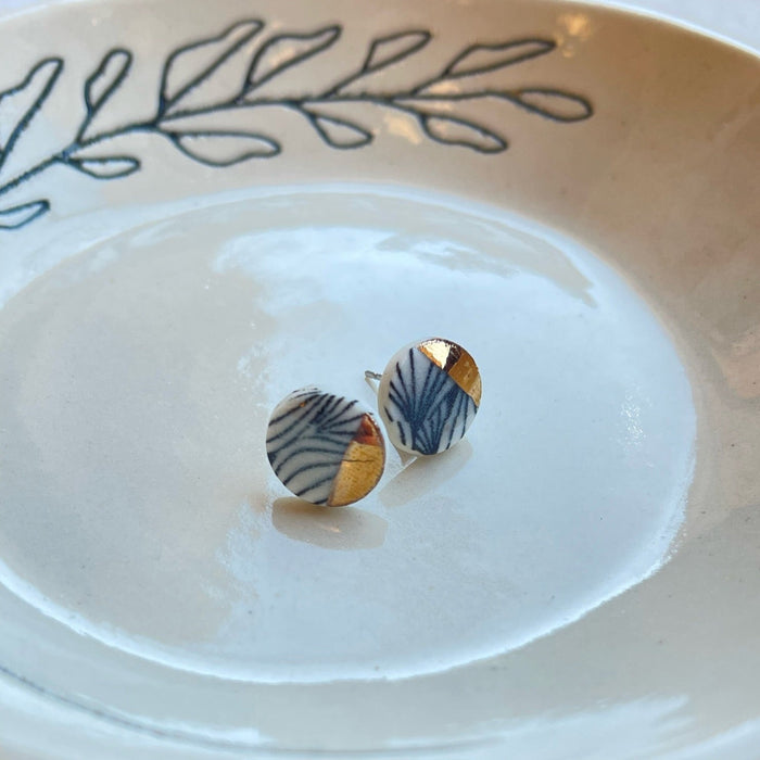 Porcelain Ceramic Black Waves + Gold Stud Earrings